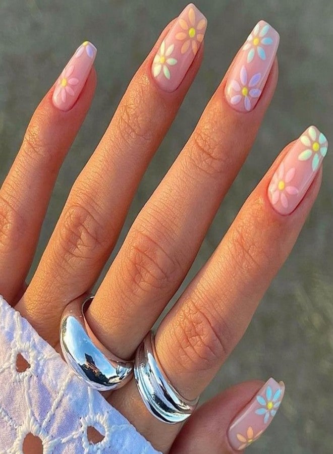 SEMATA Pink Flower Press on Nails Short Square Acrylic Nails Press ons Spring Summer Cute Glue on Fake Nail with Colorful Flower Designs Artificial Stick on False Nail for Women and Girls - Image 3